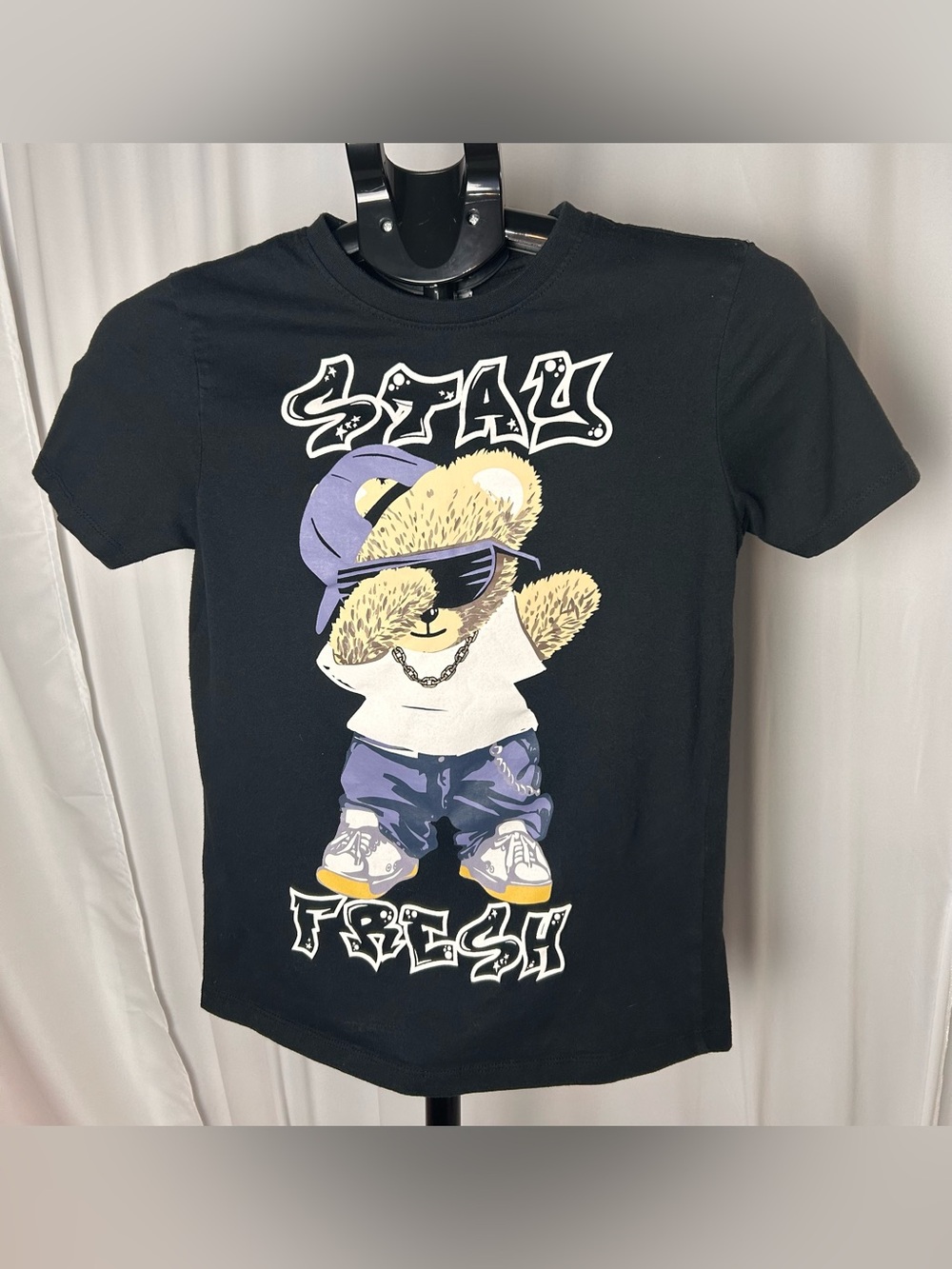 Black Kids Graphic Tee with Purple Bear Design
